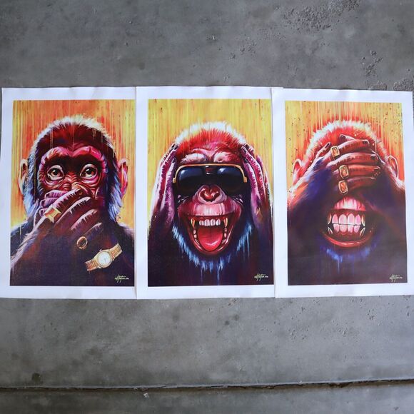 Three Wise Monkeys Inktuitive Canvas Prints Hear No, Speak No, See No Evil - Picture 1 of 10